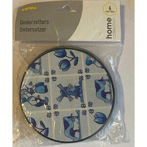 Xenos Home Collection 6-Piece Cork &‎ Ceramic Coasters Dutch Windmill Design NEW